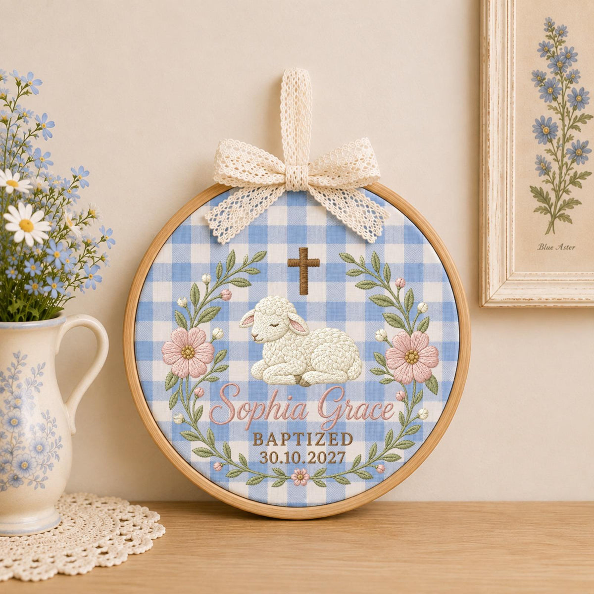 Personalized Embroidered Ornament, Baptism Lamb Ornament, Custom Name Christian Keepsake, Baby Girl Baptism Gift, Floral Godchild Decor