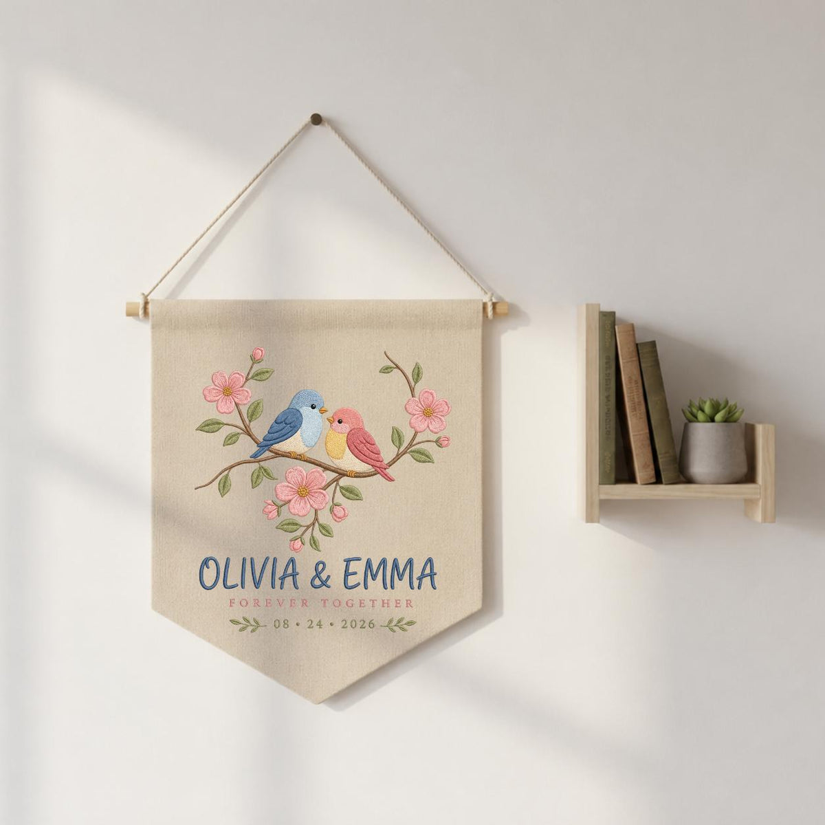 Personalized Sister Love Birds Canvas Pennant Decor, Custom Embroidered Olivia Emma Forever Together Name Sign, Keepsake Couple Gift