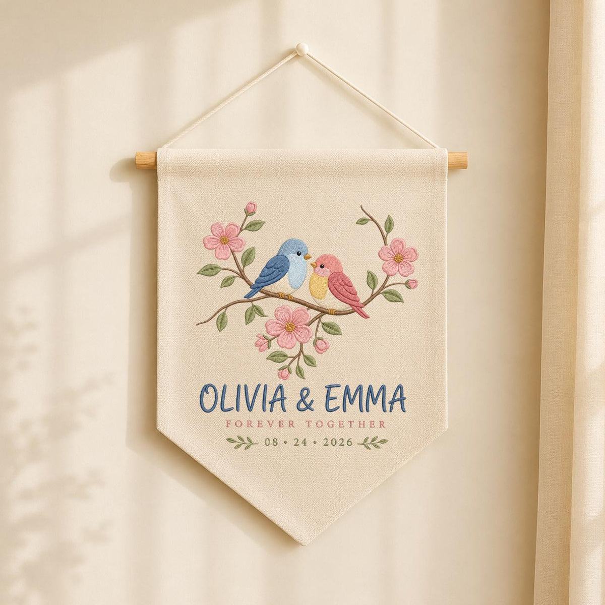 Personalized Sister Love Birds Canvas Pennant Decor, Custom Embroidered Olivia Emma Forever Together Name Sign, Keepsake Couple Gift
