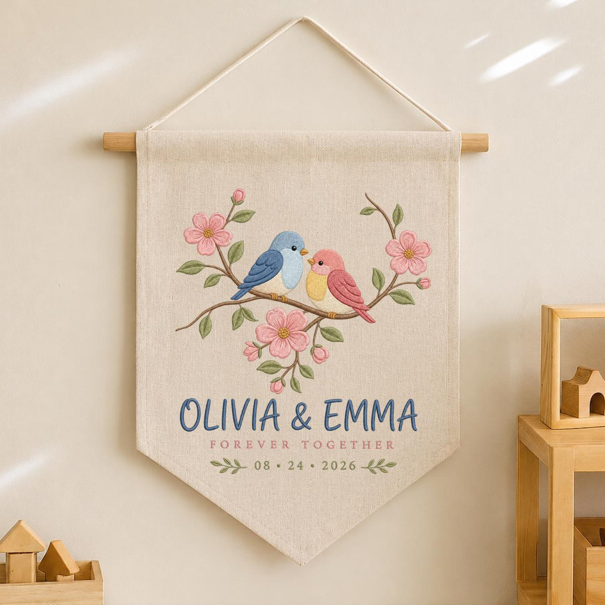 Personalized Sister Love Birds Canvas Pennant Decor, Custom Embroidered Olivia Emma Forever Together Name Sign, Keepsake Couple Gift