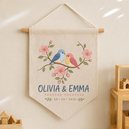 Personalized Sister Love Birds Canvas Pennant Decor, Custom Embroidered Olivia Emma Forever Together Name Sign, Keepsake Couple Gift