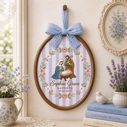 Personalized Embroidered Ornament, Holy Family Baptism Ornament, Custom Name Christian Keepsake, Baby Girl Baptism Gift, Religious