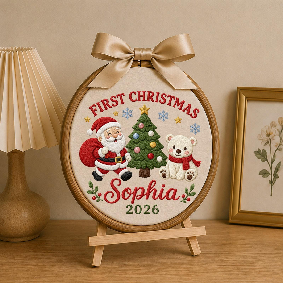 Personalized Embroidered First Christmas Ornament, Custom Name Santa Teddy Bear Christmas Decor, Baby First Christmas 2026 Keepsake