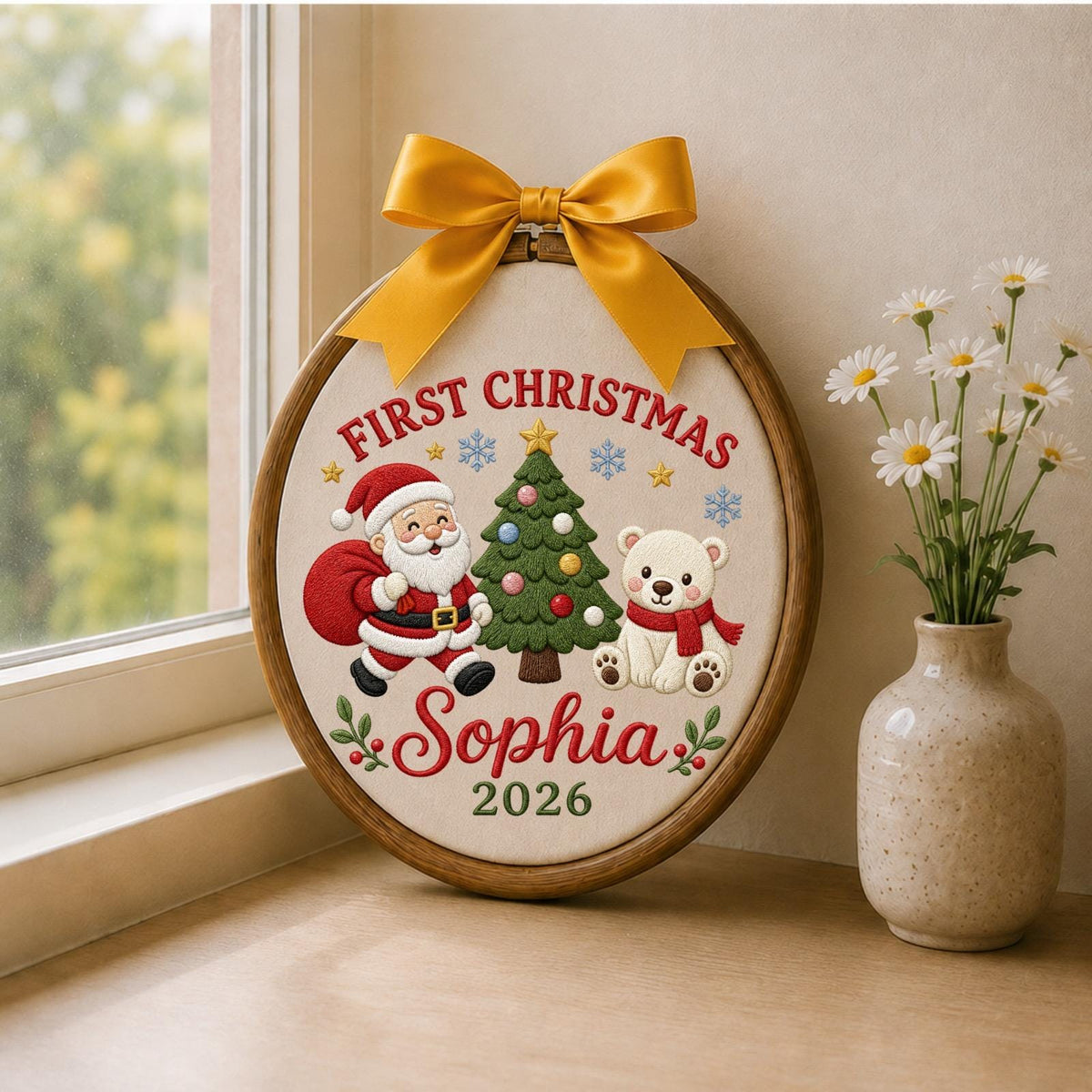 Personalized Embroidered First Christmas Ornament, Custom Name Santa Teddy Bear Christmas Decor, Baby First Christmas 2026 Keepsake