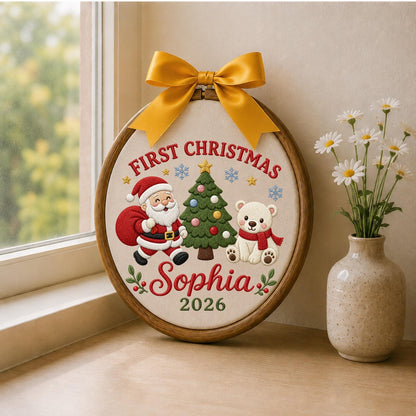 Personalized Embroidered First Christmas Ornament, Custom Name Santa Teddy Bear Christmas Decor, Baby First Christmas 2026 Keepsake