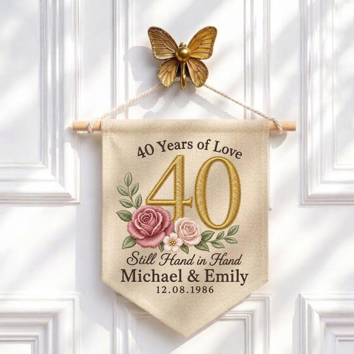 Personalized 40th Wedding Anniversary Canvas Pennant Banner, Custom Name Date Embroidered 40 Years of Love Floral Rose Wall Hanging Sign