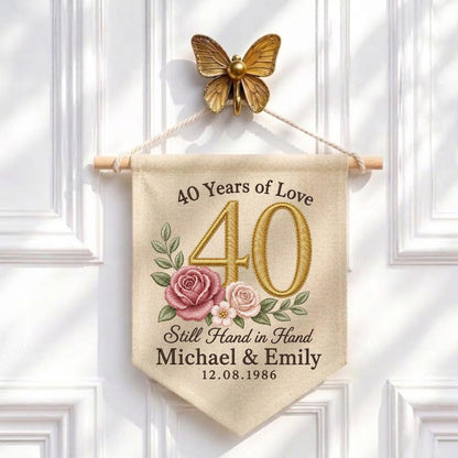 Personalized 40th Wedding Anniversary Canvas Pennant Banner, Custom Name Date Embroidered 40 Years of Love Floral Rose Wall Hanging Sign