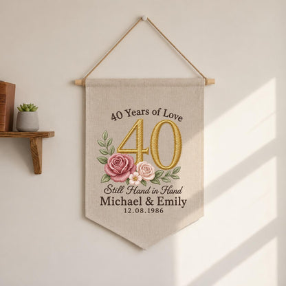 Personalized 40th Wedding Anniversary Canvas Pennant Banner, Custom Name Date Embroidered 40 Years of Love Floral Rose Wall Hanging Sign