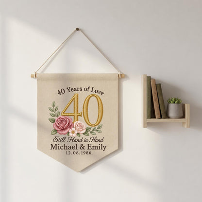 Personalized 40th Wedding Anniversary Canvas Pennant Banner, Custom Name Date Embroidered 40 Years of Love Floral Rose Wall Hanging Sign