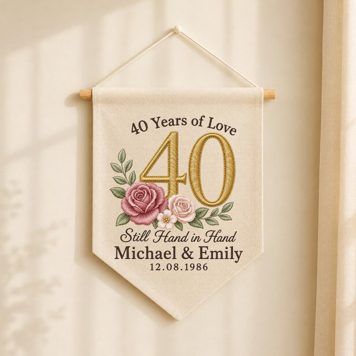 Personalized 40th Wedding Anniversary Canvas Pennant Banner, Custom Name Date Embroidered 40 Years of Love Floral Rose Wall Hanging Sign