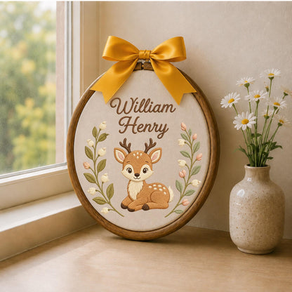 Personalized Embroidered Ornament, Woodland Deer Name Hoop, Baby Boy Nursery Decor, Forest Animal Baby Shower Gift, Newborn Keepsake