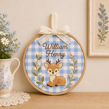 Personalized Embroidered Ornament, Woodland Deer Name Hoop, Baby Boy Nursery Decor, Forest Animal Baby Shower Gift, Newborn Keepsake