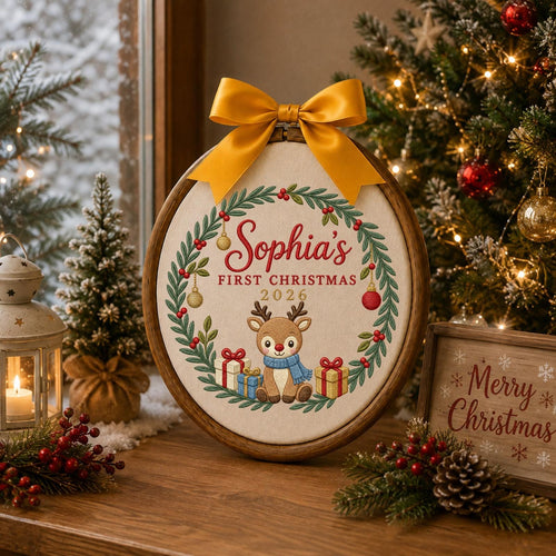 Personalized Embroidered Ornament, Baby First Christmas Reindeer Hoop, Custom Name Christmas Decor, Newborn Holiday Keepsake