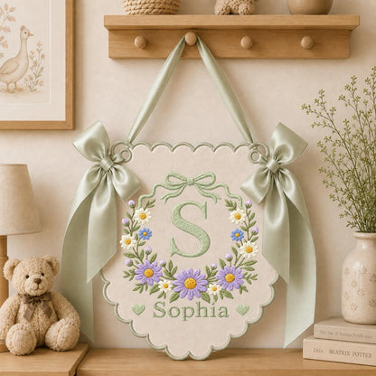 Personalized Embroidered Baby Name Banner, Floral Monogram Nursery Wall Hanging, Custom Initial Sign, Baby Girl Nursery Decor, Baby Shower