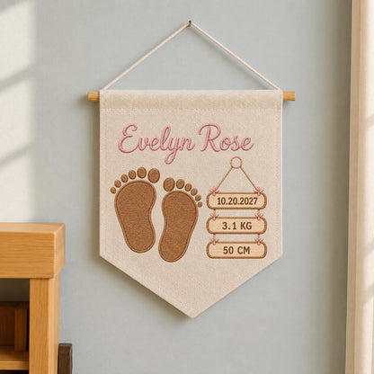 Personalized Embroidered Baby Birth Announcement Banner, Custom Baby Name Wall Hanging, Birth Stats Nursery Decor, Newborn Keepsake Gift