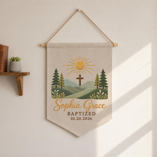 Personalized Embroidered Baptism Wall Hanging Banner, Custom Baby Name Cross Sign, Christian Baptism Gift, Religious Nursery Decor