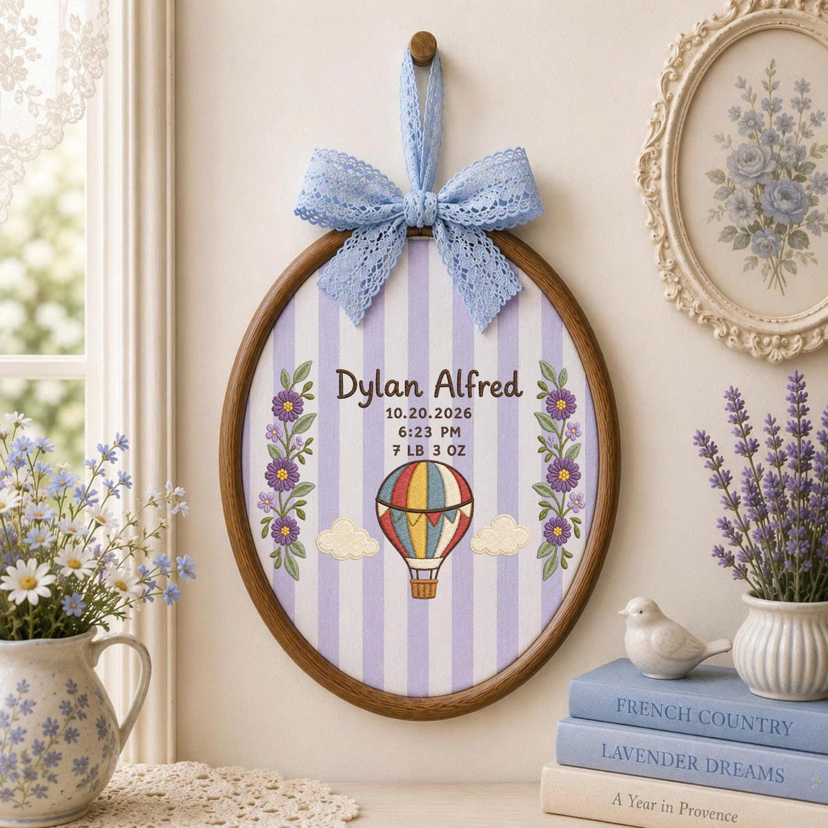 Personalized Embroidered Ornament, Baby Birth Announcement Ornament, Hot Air Balloon Birth Stats, Custom Newborn Keepsake, Baby Name Gift