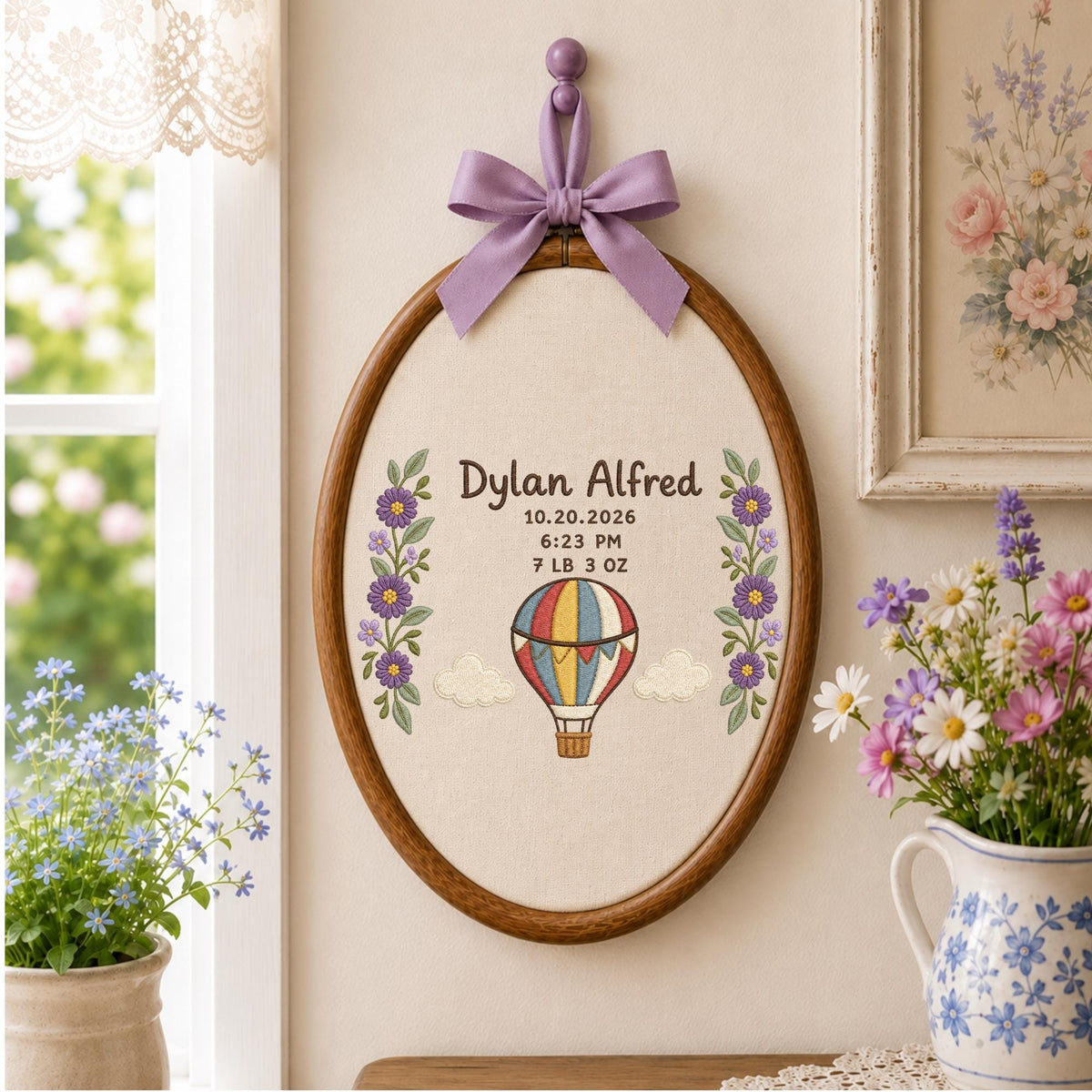 Personalized Embroidered Ornament, Baby Birth Announcement Ornament, Hot Air Balloon Birth Stats, Custom Newborn Keepsake, Baby Name Gift