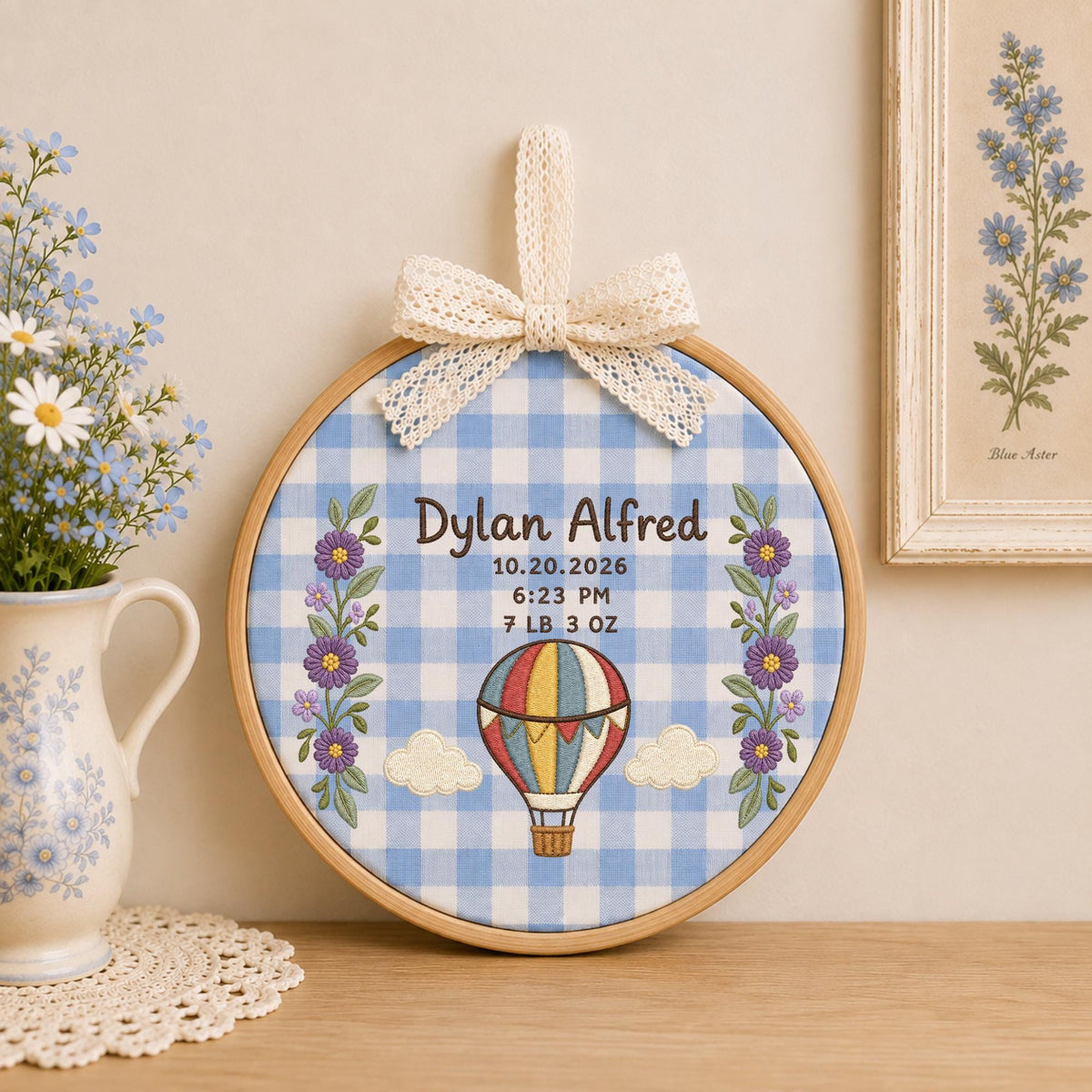 Personalized Embroidered Ornament, Baby Birth Announcement Ornament, Hot Air Balloon Birth Stats, Custom Newborn Keepsake, Baby Name Gift
