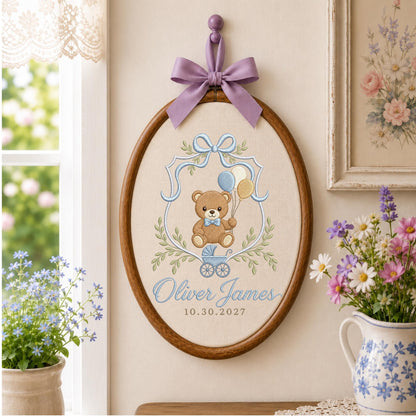 Personalized Embroidered Ornament, Teddy Bear Baby Name Ornament, Custom Newborn Keepsake, Baby Boy Nursery Gift, Birth Date Decor