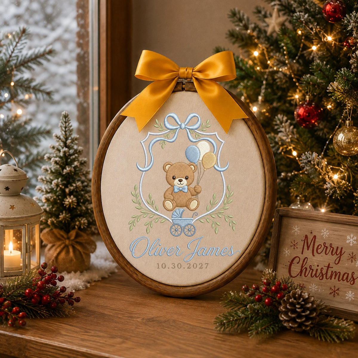 Personalized Embroidered Ornament, Teddy Bear Baby Name Ornament, Custom Newborn Keepsake, Baby Boy Nursery Gift, Birth Date Decor