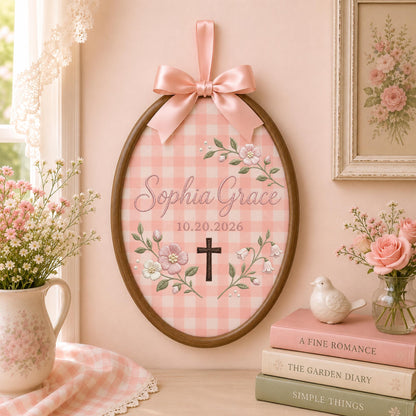 Personalized Embroidered Ornament, Baptism Cross Ornament, Custom Name Christian Keepsake, Floral Baby Girl Baptism Gift, Godchild Gift