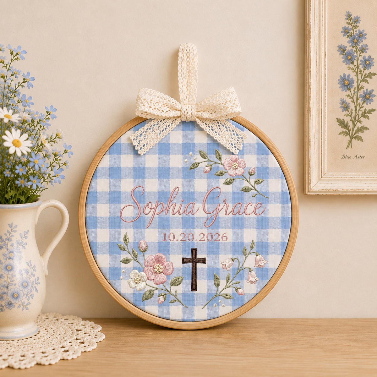 Personalized Embroidered Ornament, Baptism Cross Ornament, Custom Name Christian Keepsake, Floral Baby Girl Baptism Gift, Godchild Gift