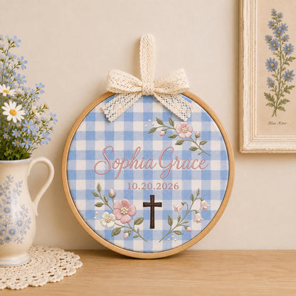 Personalized Embroidered Ornament, Baptism Cross Ornament, Custom Name Christian Keepsake, Floral Baby Girl Baptism Gift, Godchild Gift