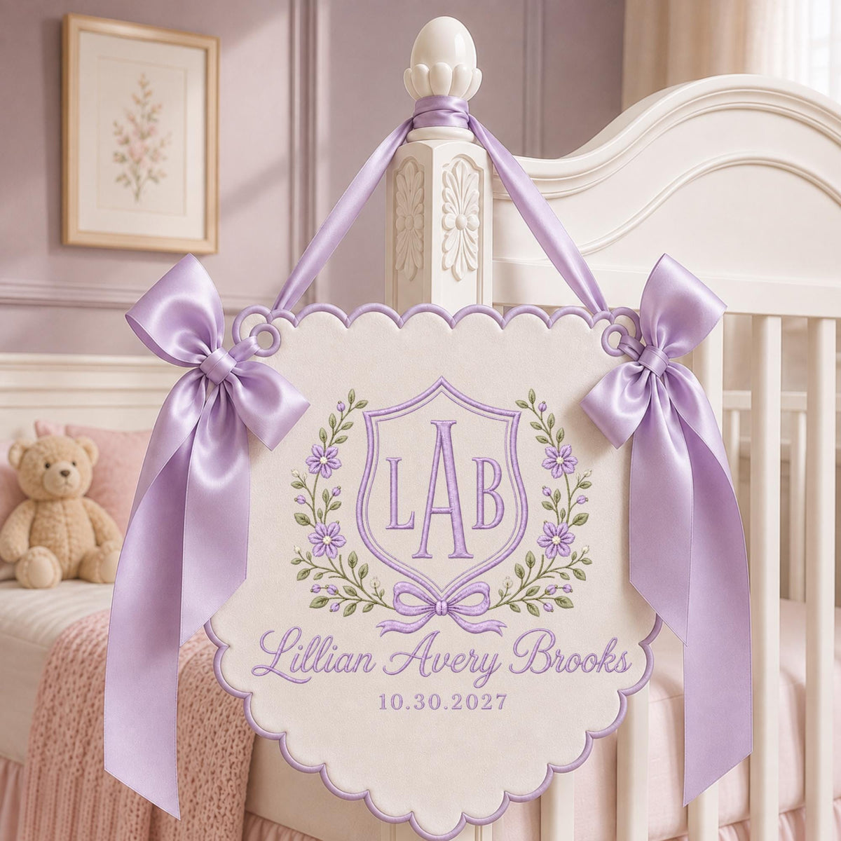 Personalized Embroidered Baby Name Banner, Floral Monogram Nursery Wall Hanging, Custom Initial Sign, Baby Girl Nursery Decor, Newborn Gift