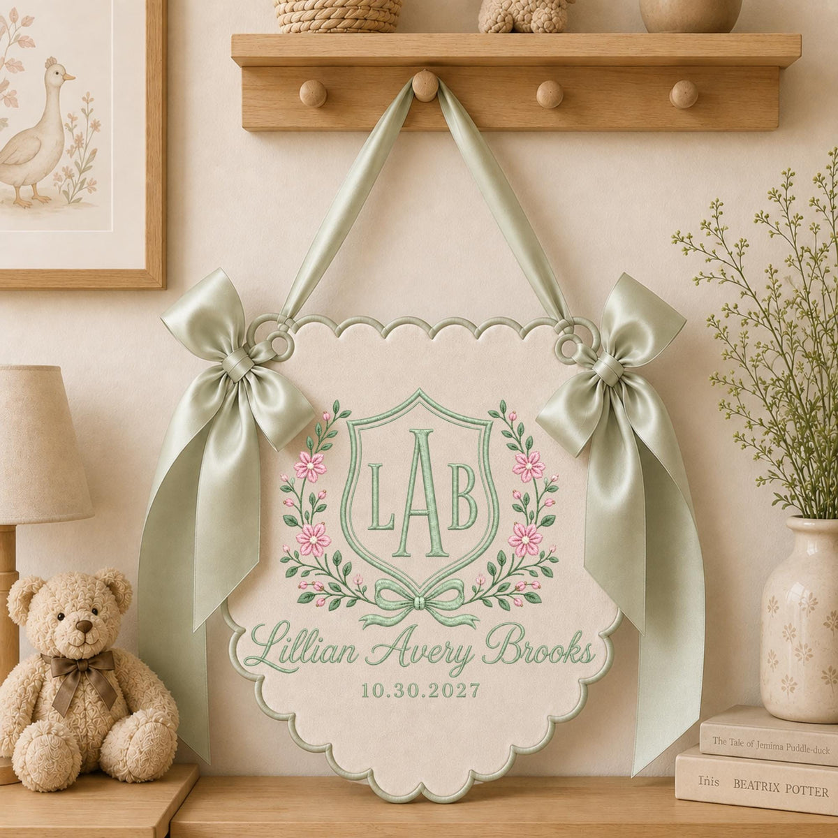 Personalized Embroidered Baby Name Banner, Floral Monogram Nursery Wall Hanging, Custom Initial Sign, Baby Girl Nursery Decor, Newborn Gift