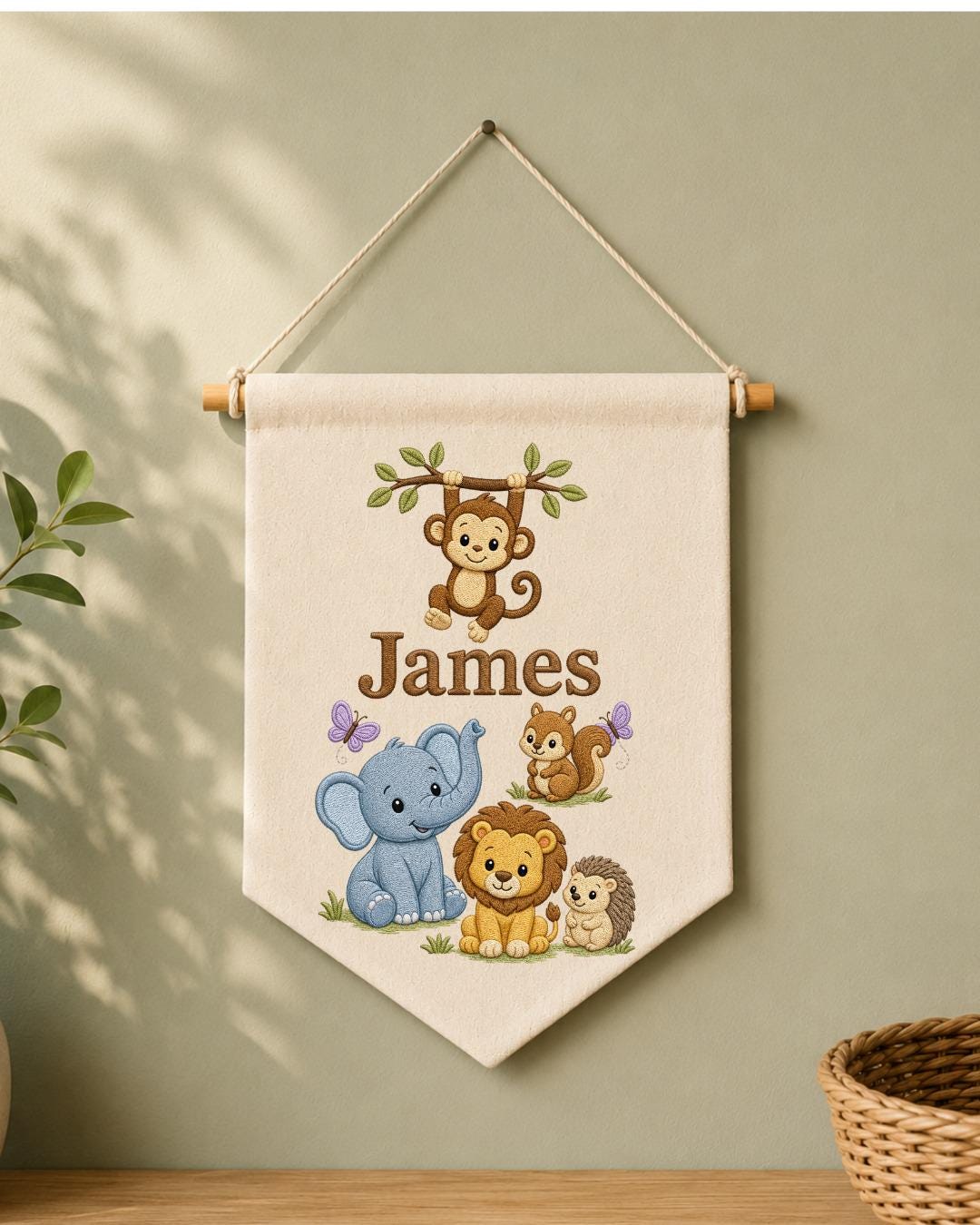 Personalized Safari Animal Wall Hanging, Custom Name Embroidered Banner, Jungle Nursery Decor, Baby Boy Room Gift, Woodland Animal Art