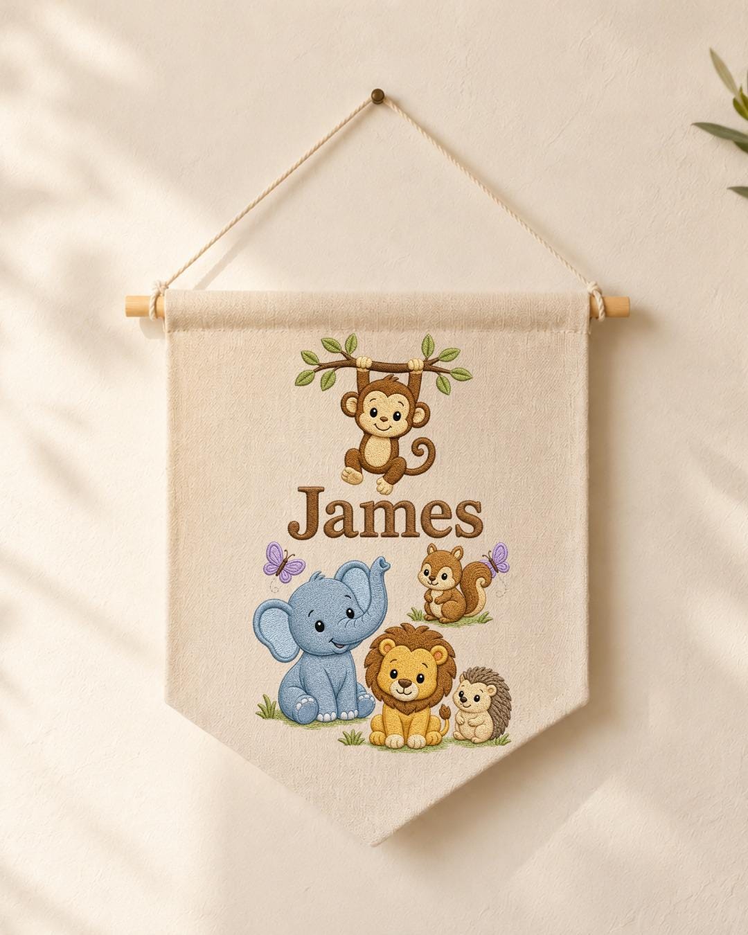 Personalized Safari Animal Wall Hanging, Custom Name Embroidered Banner, Jungle Nursery Decor, Baby Boy Room Gift, Woodland Animal Art