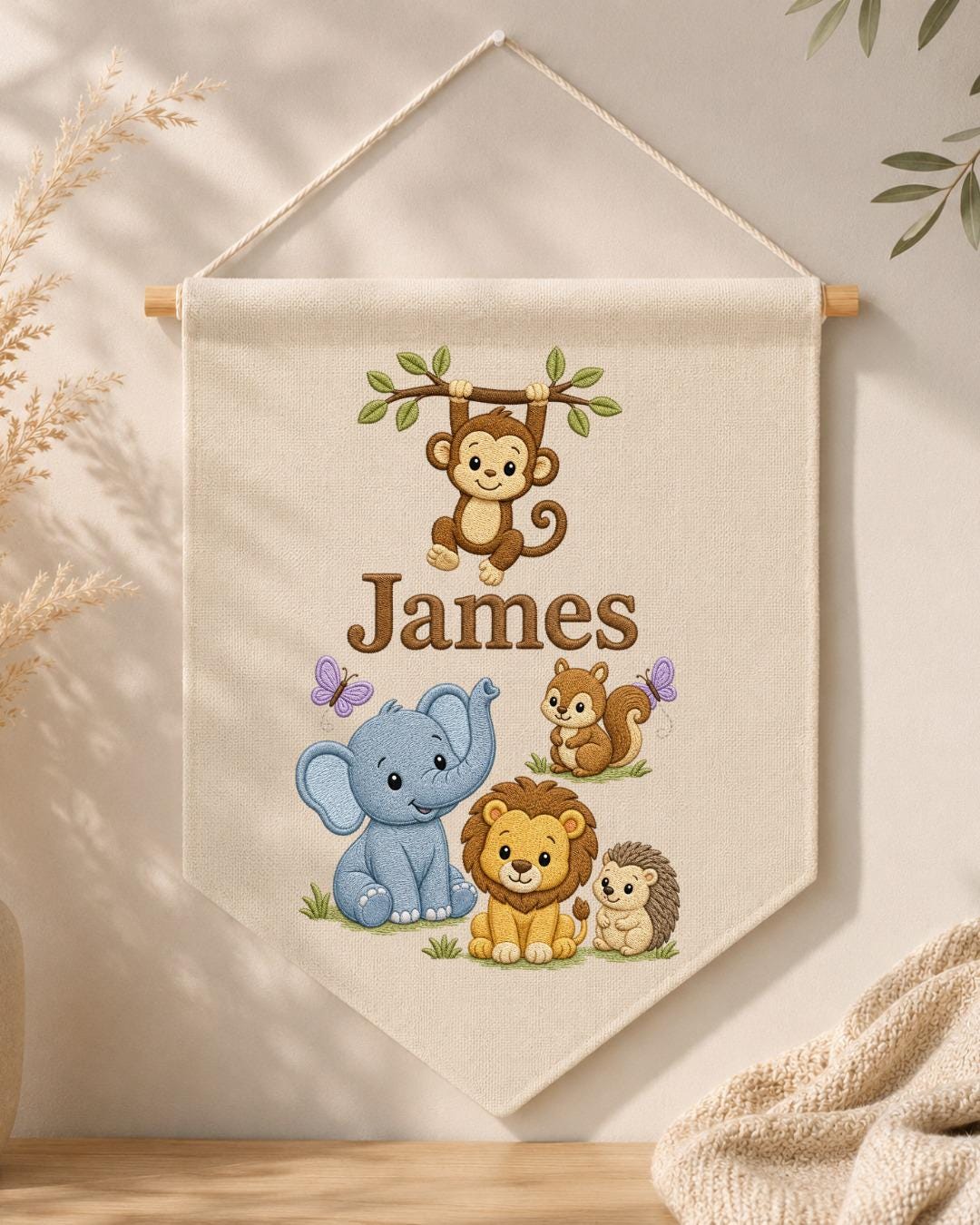 Personalized Safari Animal Wall Hanging, Custom Name Embroidered Banner, Jungle Nursery Decor, Baby Boy Room Gift, Woodland Animal Art