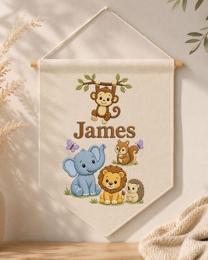 Personalized Safari Animal Wall Hanging, Custom Name Embroidered Banner, Jungle Nursery Decor, Baby Boy Room Gift, Woodland Animal Art
