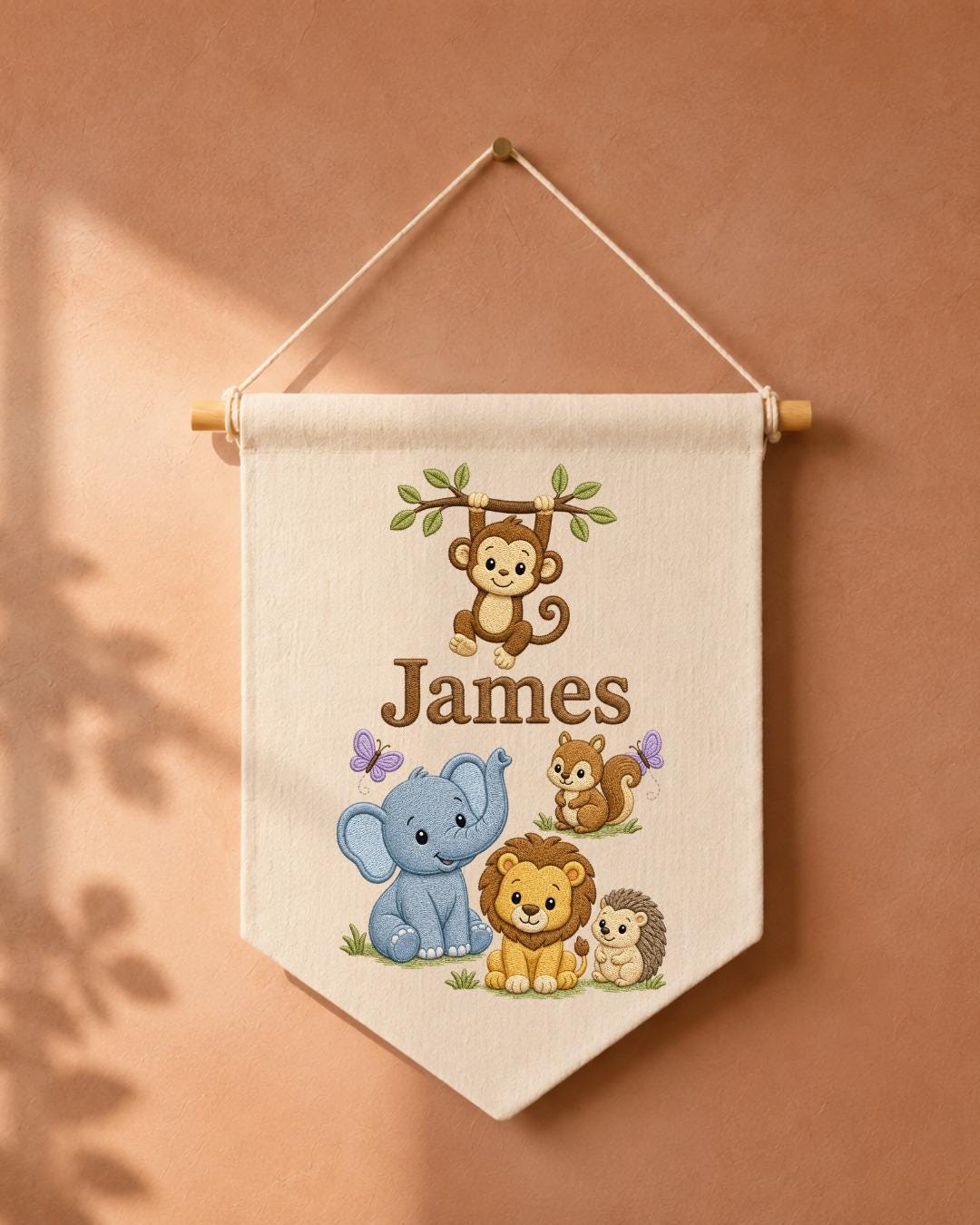 Personalized Safari Animal Wall Hanging, Custom Name Embroidered Banner, Jungle Nursery Decor, Baby Boy Room Gift, Woodland Animal Art