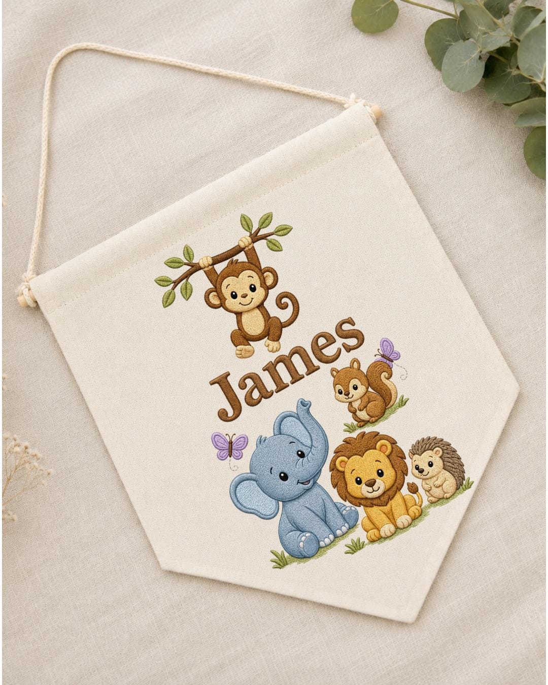 Personalized Safari Animal Wall Hanging, Custom Name Embroidered Banner, Jungle Nursery Decor, Baby Boy Room Gift, Woodland Animal Art