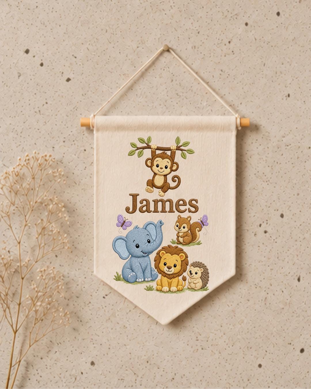 Personalized Safari Animal Wall Hanging, Custom Name Embroidered Banner, Jungle Nursery Decor, Baby Boy Room Gift, Woodland Animal Art