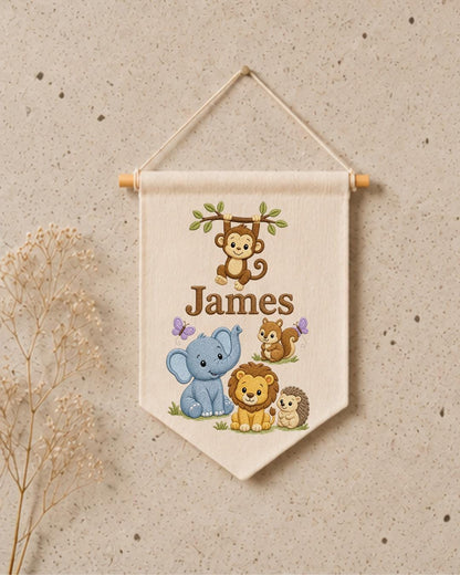Personalized Safari Animal Wall Hanging, Custom Name Embroidered Banner, Jungle Nursery Decor, Baby Boy Room Gift, Woodland Animal Art