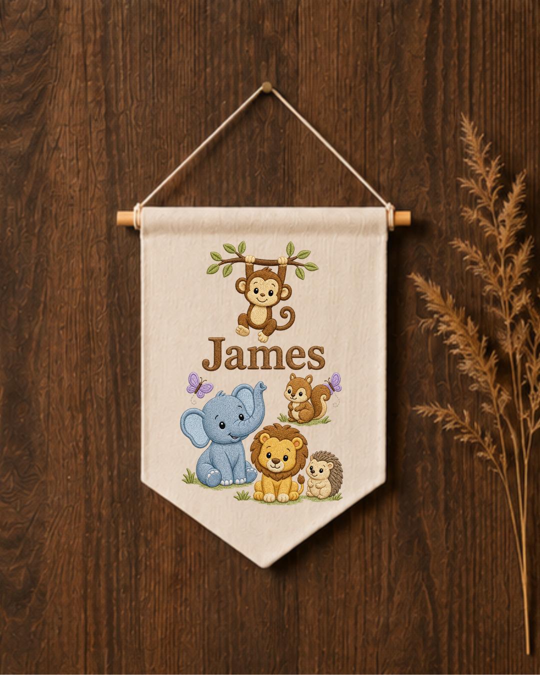 Personalized Safari Animal Wall Hanging, Custom Name Embroidered Banner, Jungle Nursery Decor, Baby Boy Room Gift, Woodland Animal Art