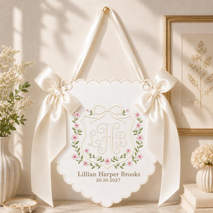 Personalized Embroidered Baby Name Banner, Floral Monogram Nursery Wall Hanging, Custom Initial Sign, Baby Girl Nursery Decor, Newborn Gift