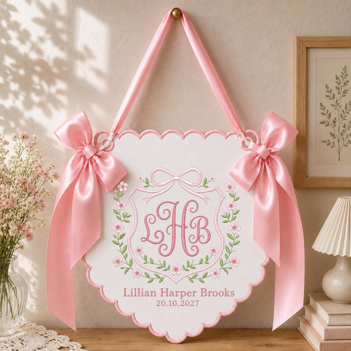 Personalized Embroidered Baby Name Banner, Floral Monogram Nursery Wall Hanging, Custom Initial Sign, Baby Girl Nursery Decor, Newborn Gift