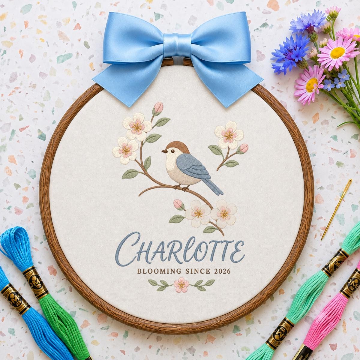 Custom Name Songbird Embroidered Round Hoop Decor, Blue Satin Bow Flower Branch Baby Girl Room Wall Hanging Sign, Baby Shower Gift
