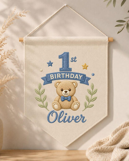 Personalized First Birthday Wall Hanging, Custom Name Embroidered Teddy Bear Banner, Baby Boy 1st Birthday Decor, Birthday Keepsake Gift