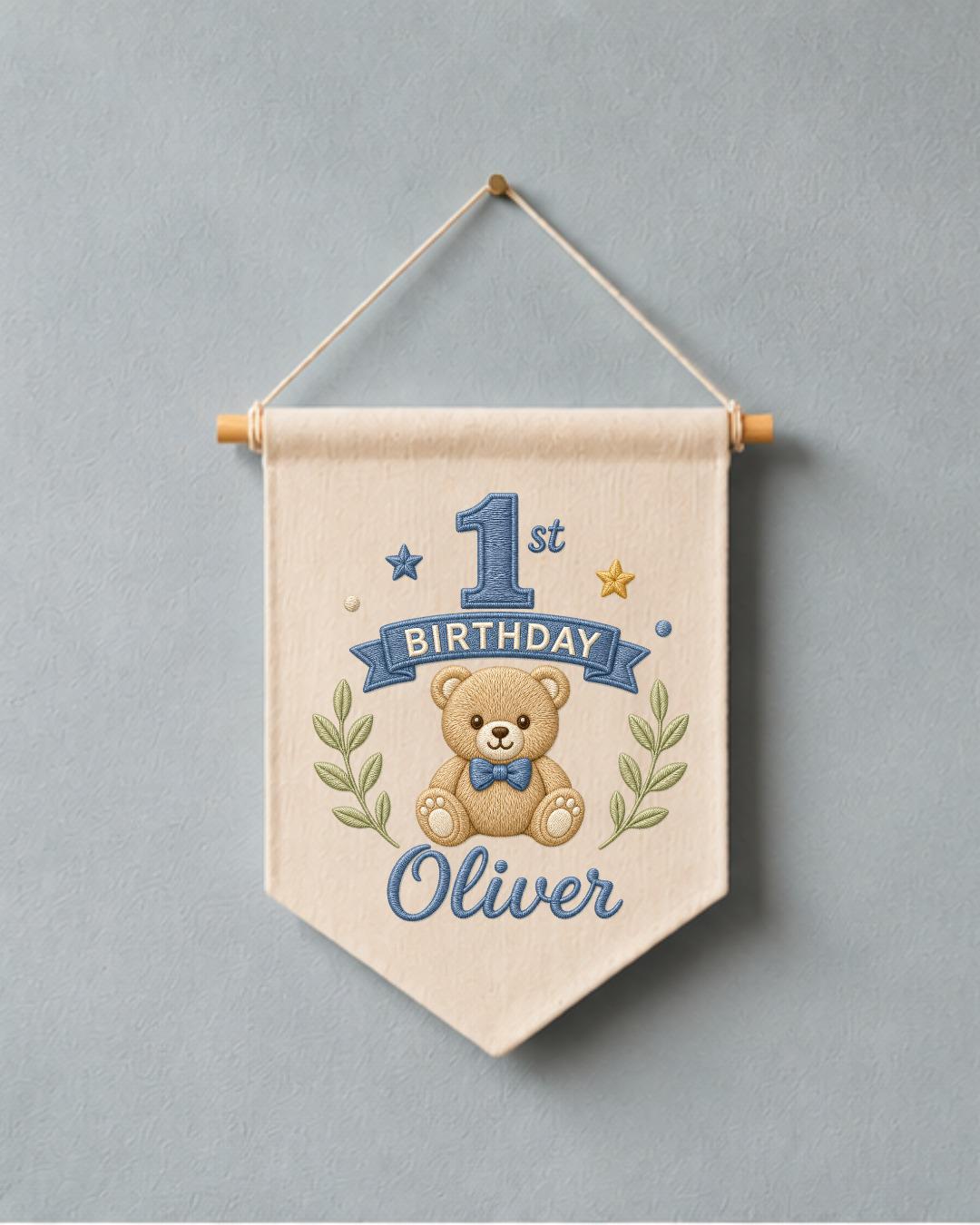Personalized First Birthday Wall Hanging, Custom Name Embroidered Teddy Bear Banner, Baby Boy 1st Birthday Decor, Birthday Keepsake Gift