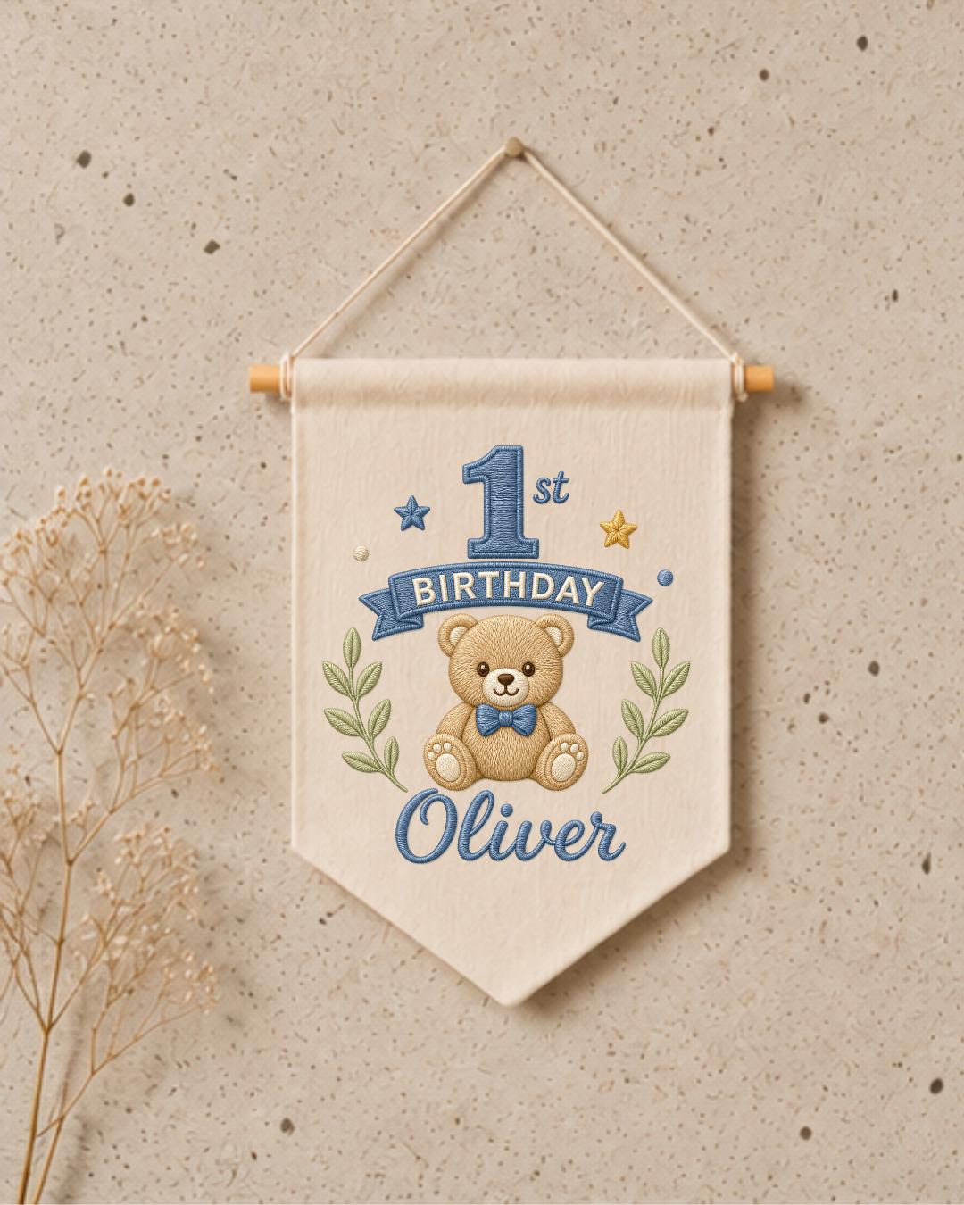 Personalized First Birthday Wall Hanging, Custom Name Embroidered Teddy Bear Banner, Baby Boy 1st Birthday Decor, Birthday Keepsake Gift