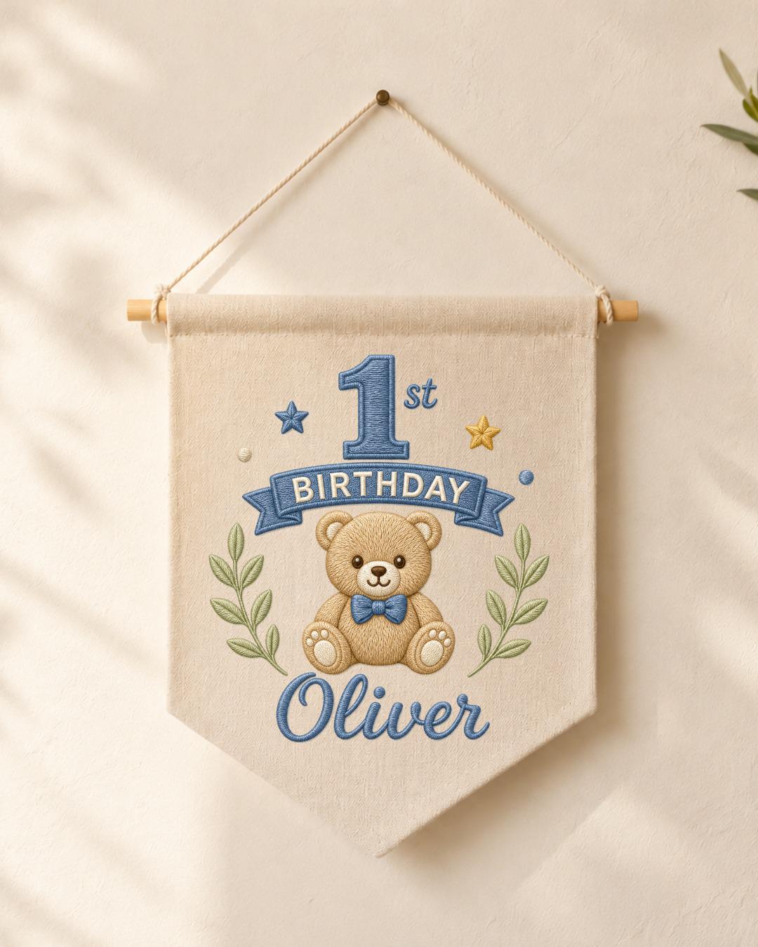 Personalized First Birthday Wall Hanging, Custom Name Embroidered Teddy Bear Banner, Baby Boy 1st Birthday Decor, Birthday Keepsake Gift