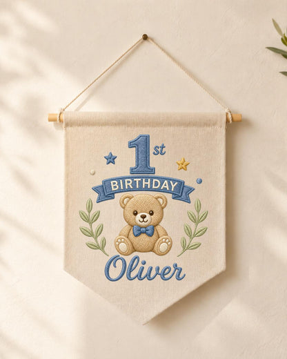 Personalized First Birthday Wall Hanging, Custom Name Embroidered Teddy Bear Banner, Baby Boy 1st Birthday Decor, Birthday Keepsake Gift