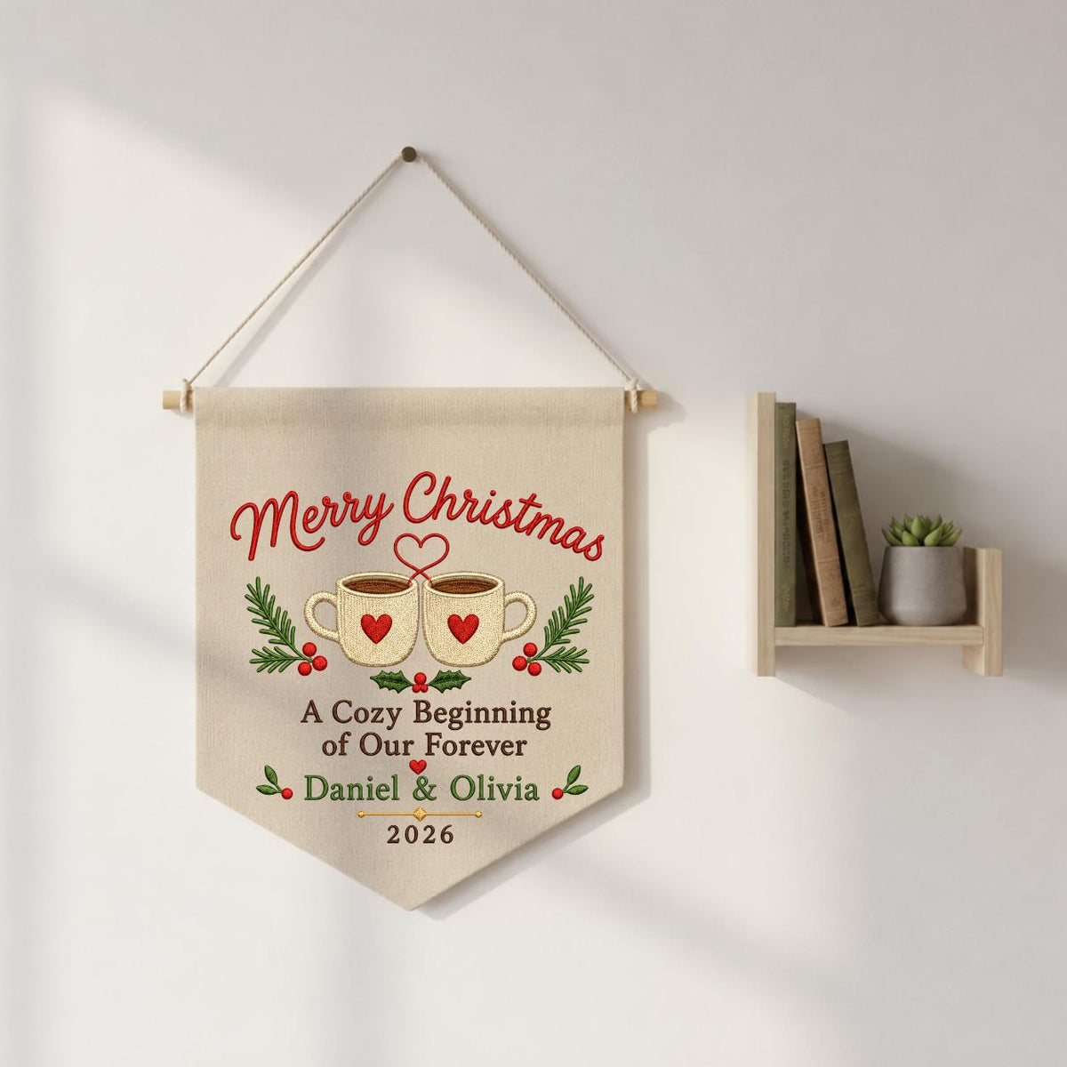 Personalized First Christmas Together Canvas Pennant Banner, Custom Name Embroidered Cozy Beginning Our Forever Couple Wall Sign