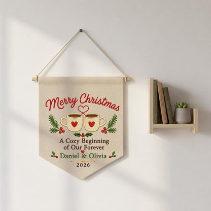 Personalized First Christmas Together Canvas Pennant Banner, Custom Name Embroidered Cozy Beginning Our Forever Couple Wall Sign