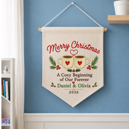 Personalized First Christmas Together Canvas Pennant Banner, Custom Name Embroidered Cozy Beginning Our Forever Couple Wall Sign
